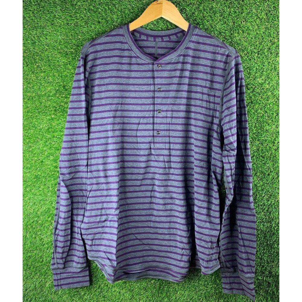Lululemon T Shirt Mens L Gray Purple Stripe Henley Button Casual Pullover